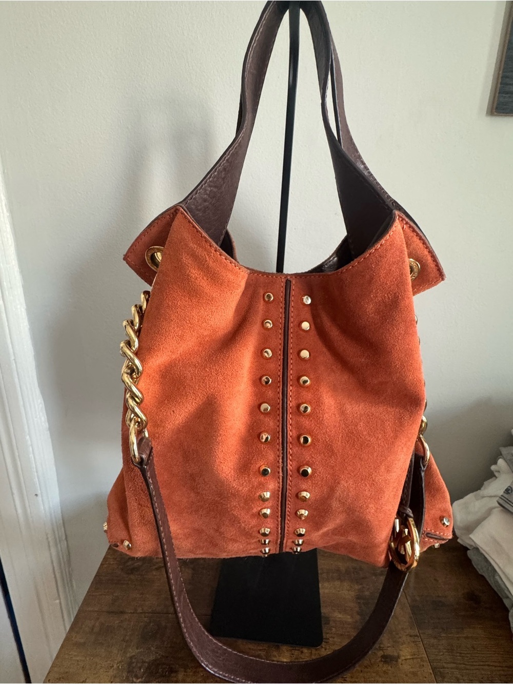 Michael Kors Orange Suede Studded Tote Bag with Gold Accents